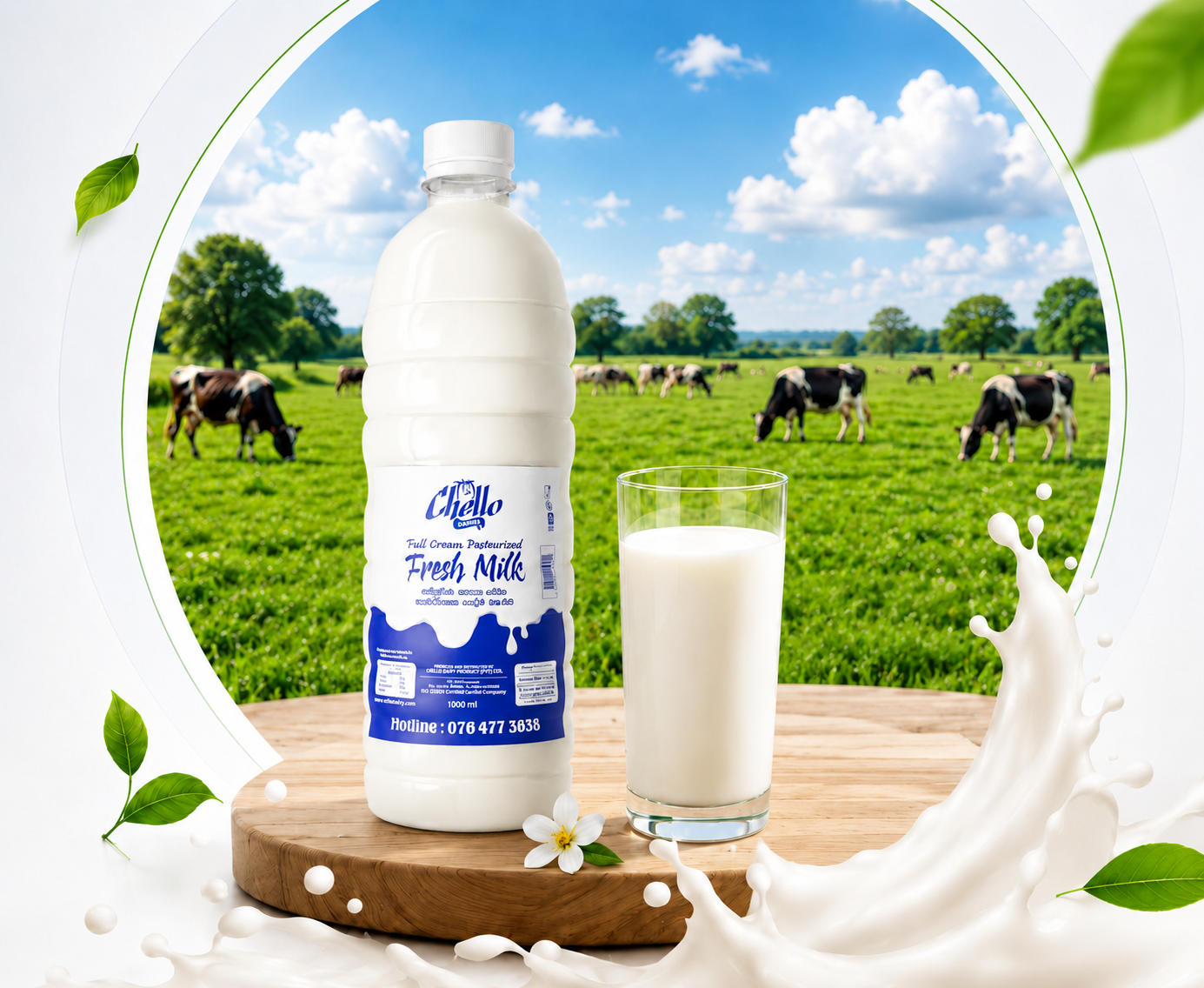Chello fresh milk pack and glass on a farm background